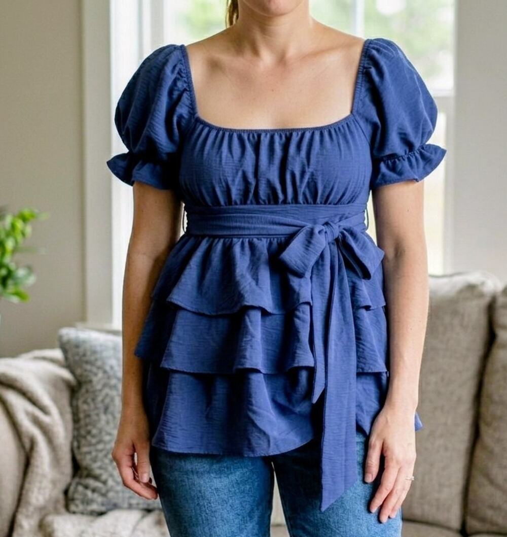 Originality Womens Size L Blue Tiered Ruffle Babydoll Top Puff Sleeve Blouse